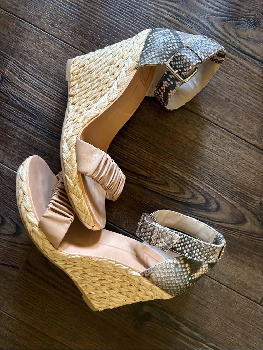 Dolce Vita Nude Ruched Espadrille Wedges with Snake-Print Ankle Strap